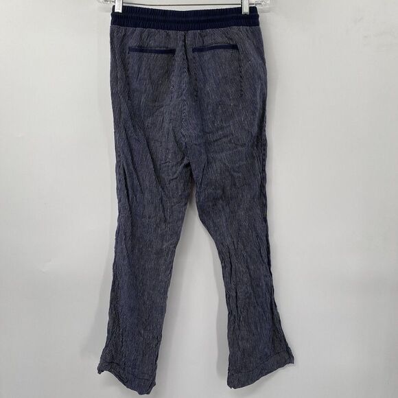 Athleta Women's 6 Navy Striped Drawstring Cabo Linen Straight Leg Pull On Pants - Picture 3 of 5